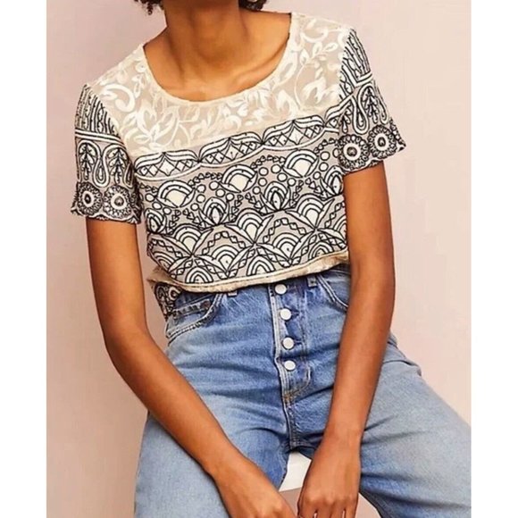 Anthropologie Meadow Rue Womens Embroidered Sleeve Blouse Gold 10 - Picture 3 of 11